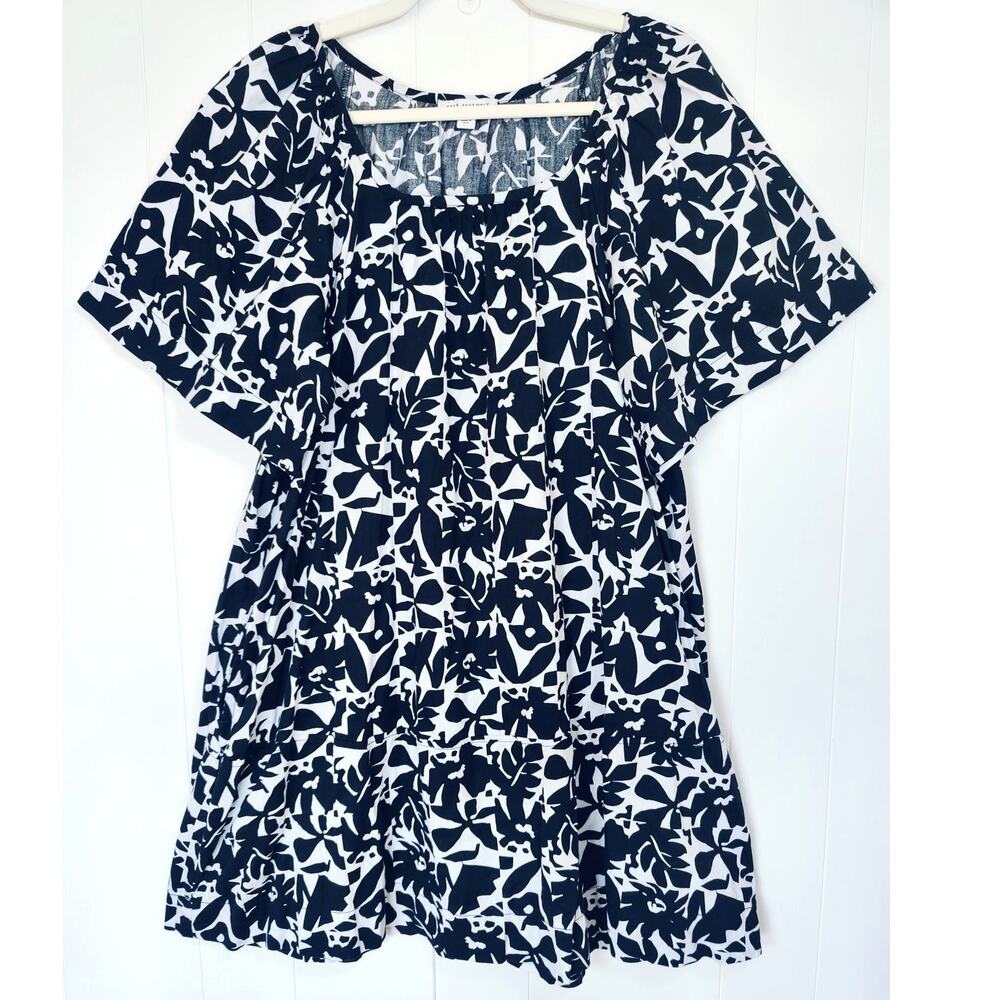 100% Cotton Poplin Block Print Black White Babydoll Dress L Boho Resort Wear